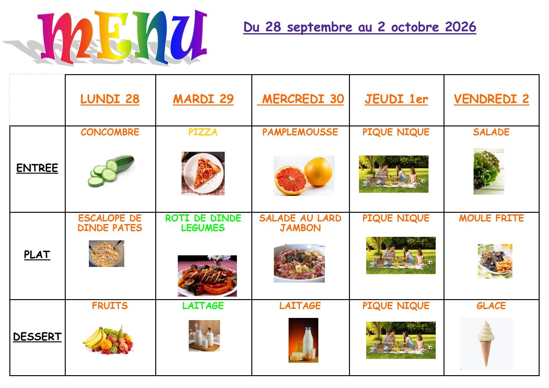 Menu 28 septembre 2 octobre