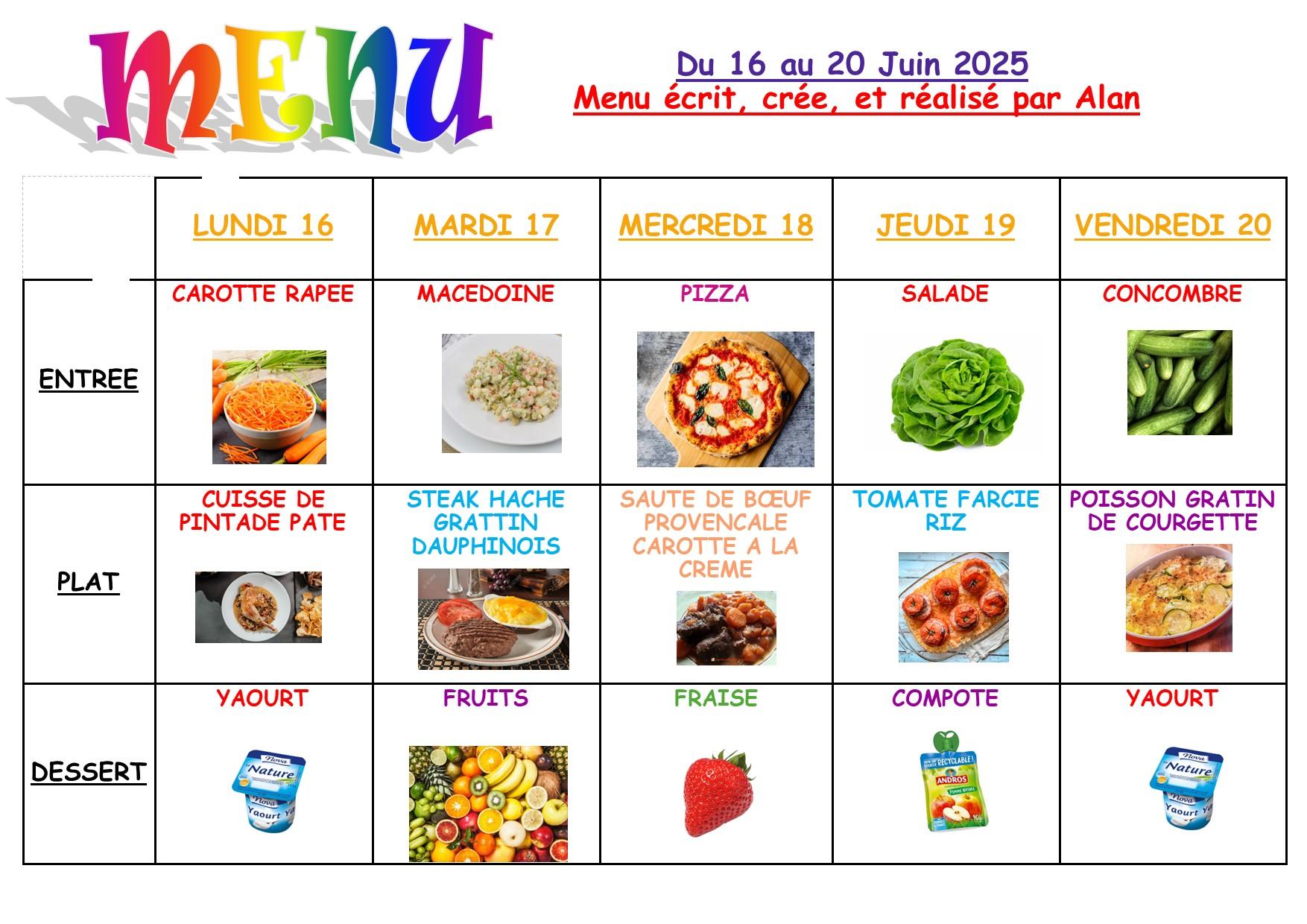 Menu du 16 au 20 juin 2025