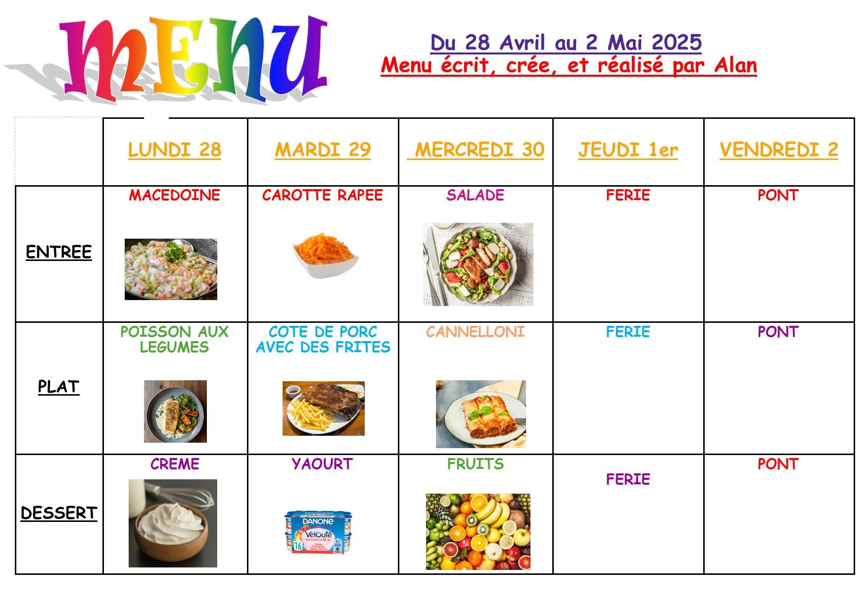 Menu du 28 avril au 02 mai 2025